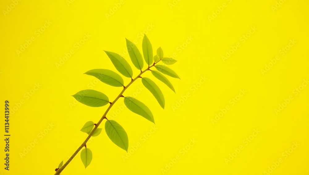 Aufkleber Eucalyptus leaves are selectively focused against a bright yellow colored background to create a visually appealing and distinct image._00001_