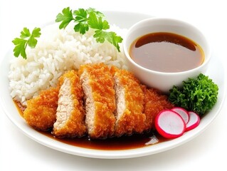 A plate of crispy fried chicken with rice, sauce, and garnishes.