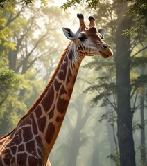 Fototapeta premium A majestic giraffe neck with dark spots on a sunny forest clearing, woodland scene, green and brown hues