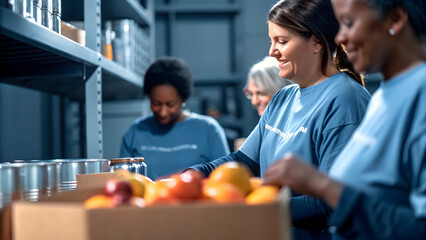 Committed Volunteers Distributing Nutritious Food at Local Food Bank Promoting Community-Based Food Security