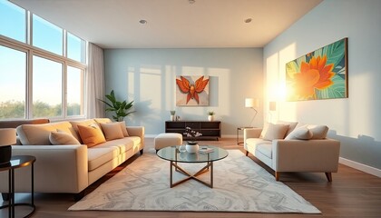 Fototapeta premium A modern living room with large windows, a white sofa, a glass coffee table, and artwork on the walls.