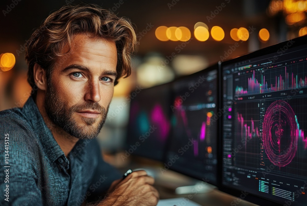 Poster young man analyzing data on multiple computer screens
