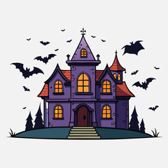 The silhouette of the Haunted House stands eerily alone, surrounded by tombstones and dead trees on a white background