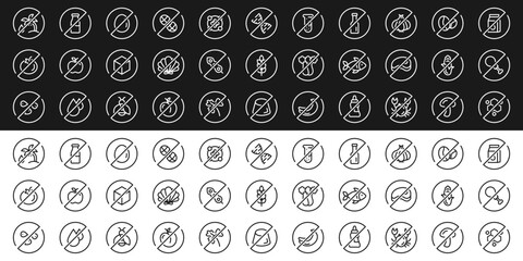 Allergen free ingredients. Allergen free products. Products warning symbols. Nitrates, GMO, lactose, gluten, sugar, corn, egg, trans fat, soy, nut, paraben, coffeine free signs.