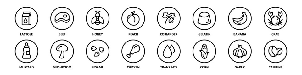 Food safety allergy icons set. Food ingredients that must be declared as allergens. Useful for restaurants and meals.