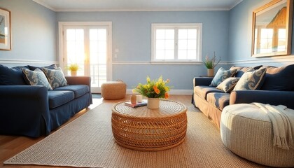 A cozy living room with light blue walls, two blue sofas, a wicker coffee table with a vase of flowers, and a large window letting in natural light.