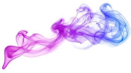 A vibrant smoke trail with thin, delicate curls in shades of pink and blue, set against a clean white background, creating a dynamic and elegant abstract design