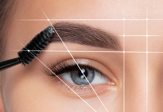 Permanent make-up for eyebrows of beautiful woman in beauty salon. Closeup beautician doing eyebrows tattooing. Collage before and after the procedure.