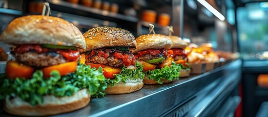 Fototapeta premium Juicy veggie burgers with fresh lettuce, tomato, and roasted peppers on brioche buns displayed in a food truck.