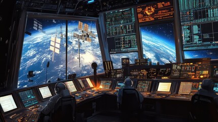 A space station control room, with astronauts monitoring satellite data and spacecraft movement through large screens and control panels