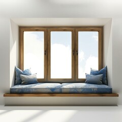 Cozy window seat with blue cushions offers a peaceful retreat, perfect for enjoying the sunlight and a cloudy sky
