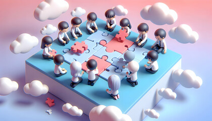 Fototapeta premium 3D Soft abstract digital art with team members solving puzzle copy space below. concept as Team members solving a puzzle on a soft abstract digital art background representing collaboration and proble
