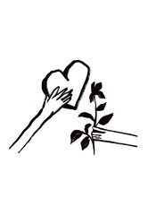 illustration of hands giving a heart and a flower ink drawing ink art handmade design printable art 