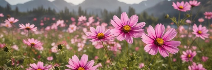Fototapeta premium Pink Cosmos flowers swaying in the morning breeze , grass, cosmos