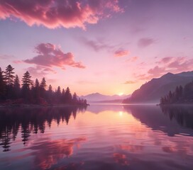Fototapeta premium Soft pink hues fade into the sky as a serene sunset unfolds over the lake's tranquil surface , horizon, lake