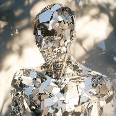 Abstract Metallic Sculptures Depicting Fragmented Human Faces with Reflective Surfaces, Highlighting Art, Technology, and Modern Design