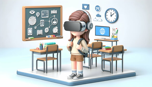 3D Student using VR headset in classroom with copy space concept as Student wears a VR headset in a modern classroom engaging with immersive educational content that represents human centered technolo