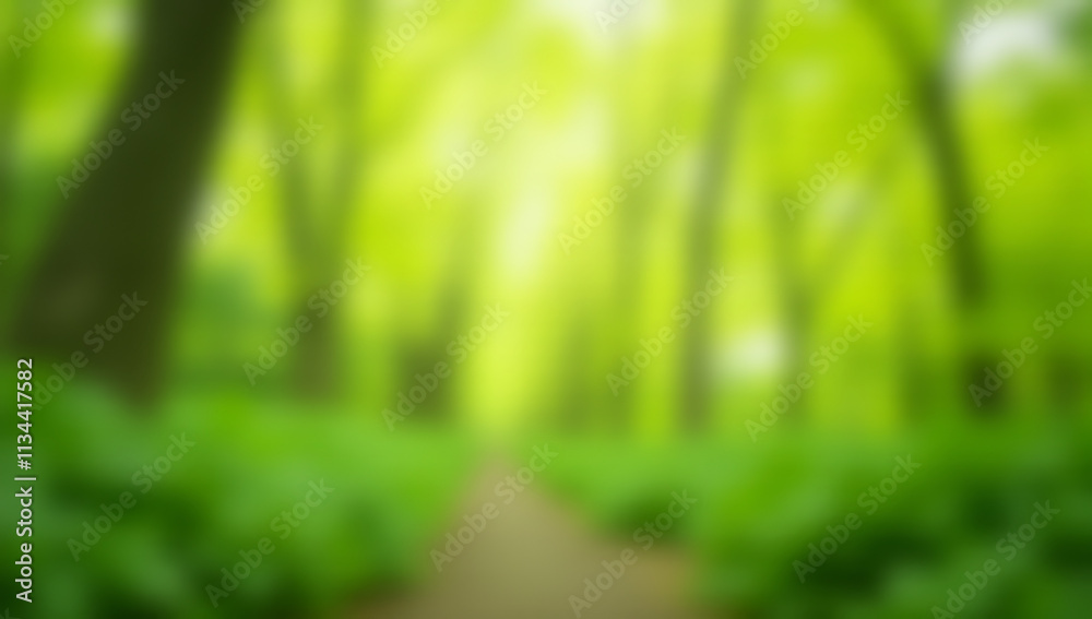 Poster Bokeh effect with blurred trees creates a serene atmosphere in a lush spring or summer garden scene with vibrant green foliage._00002_