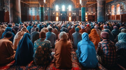 Fototapeta premium A large group of people seated in prayer inside a beautifully decorated mosque.
