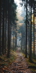 Fototapeta premium Autumn Forest Path with Fog and Rain