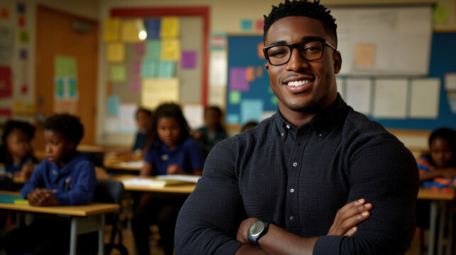 proud teacher standing confidently in classroom with students engaged in learning