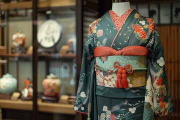 A kimono with a floral pattern and a red obi sash is displayed in a shop window.