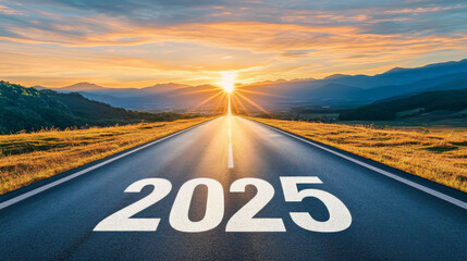 wide asphalt road leads towards vibrant sunset, symbolizing year 2025. scene evokes sense of hope and new beginnings