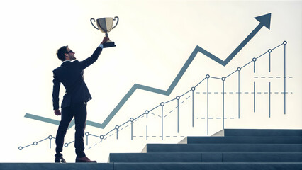 CEO Holding Trophy with Success Chart Background - Symbolizing Achievement and Financial Growth - Ample Copy Space
