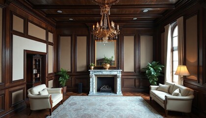 A luxurious living room with dark wood paneling, a grand chandelier, and a fireplace with a marble surround. Two white sofas and armchairs are arranged around a patterned area rug