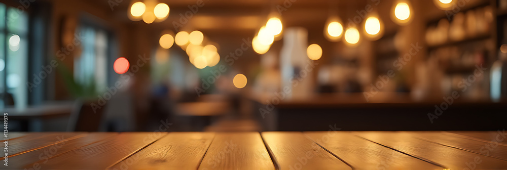 Poster a wooden table top with a counter bar features a blurred golden bokeh effect in a cozy cafe restaura