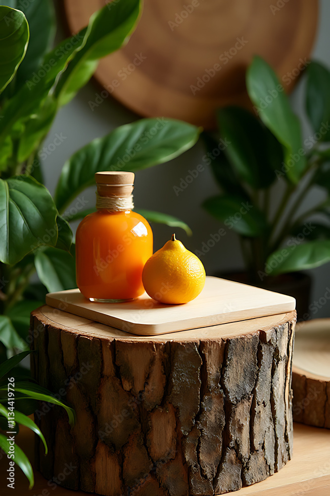 Aufkleber A wood tree stump is used as a unique product display and cutting board platform in a tropical design setting._00001_