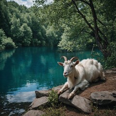 A peaceful goat lying near a shimmering blue lake surrounded by green trees.