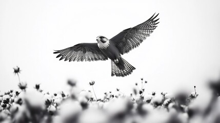 Black and White Photography of a Falcon in Flight Over Snow-Covered Flowers