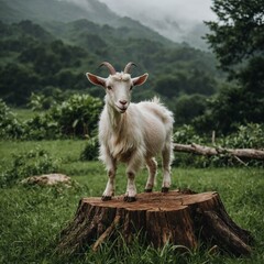 Obraz premium A playful goat standing on a tree stump in the middle of a lush green pasture.