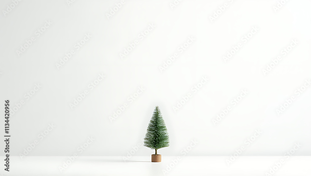 Poster A small cute pine tree is placed on a minimalist white background with simple winter and Christmas design elements._00002_