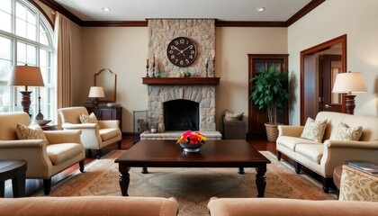 A spacious and well-furnished living room with a stone fireplace, wooden furniture, and a large window providing natural light.