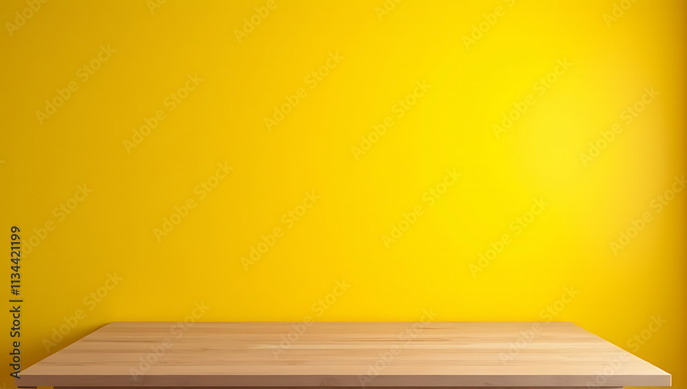 Aufkleber A simple wooden table stands empty against a dark yellow wall, ideal for displaying products and creating key visuals._00002_