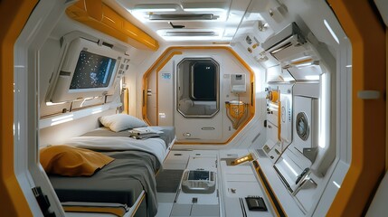 A space station living pod, with a compact kitchen, workspace, and sleeping area designed for long-term space travel and exploration