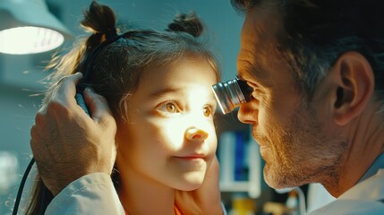 Caring doctor examines young girl's eyes with a flashlight during a gentle medical check-up in a brightly lit clinic