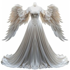 Fototapeta premium Elegant white gown with large feathered wings displayed on a mannequin, creating a celestial and ethereal image