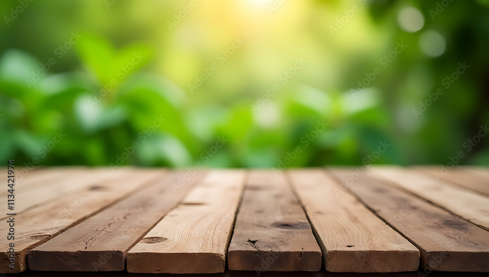 Poster A reclaimed wood table top with a soft focus of lush greenery in the background for organic product displays._00001_