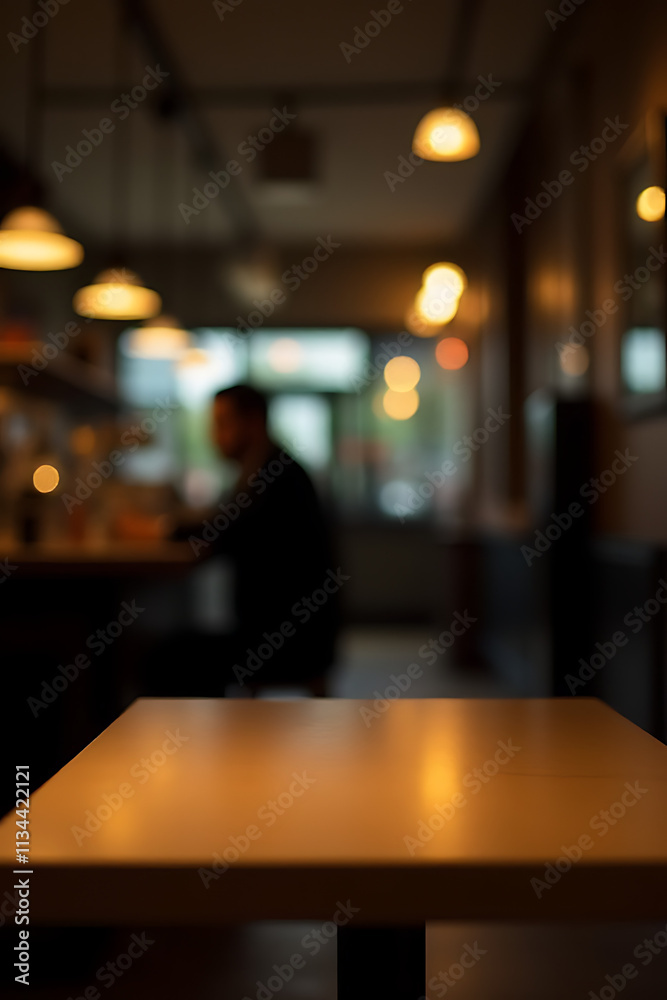 Poster A plain wooden table stands out against a dimly lit background of a busy cafe atmosphere with few patrons present._00001_