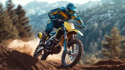 Motocross rider navigating a dirt track in nature