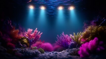 Fototapeta premium Underwater Scene with Illuminated Coral Reef