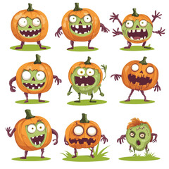 Obraz premium Nine Spooky Zombie Pumpkins Halloween Cartoon Characters