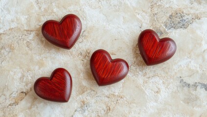 Obraz premium red wooden hearts on beige stone background, concept for Valentine's Day celebration 