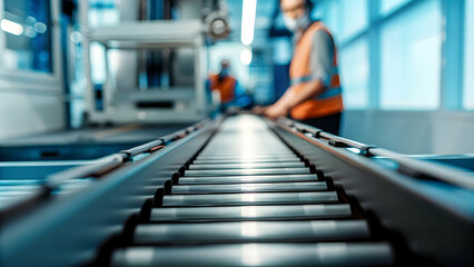 Fototapeta premium Technician Repairs Automated Conveyor System in Modern Warehouse for Industrial Automation Maintenance