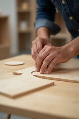 A person is working on a table with balsa wood to create a DIY design and test an invention concept._00001_