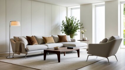 Cozy modern living room with natural decor and comfortable furnishings in a serene setting
