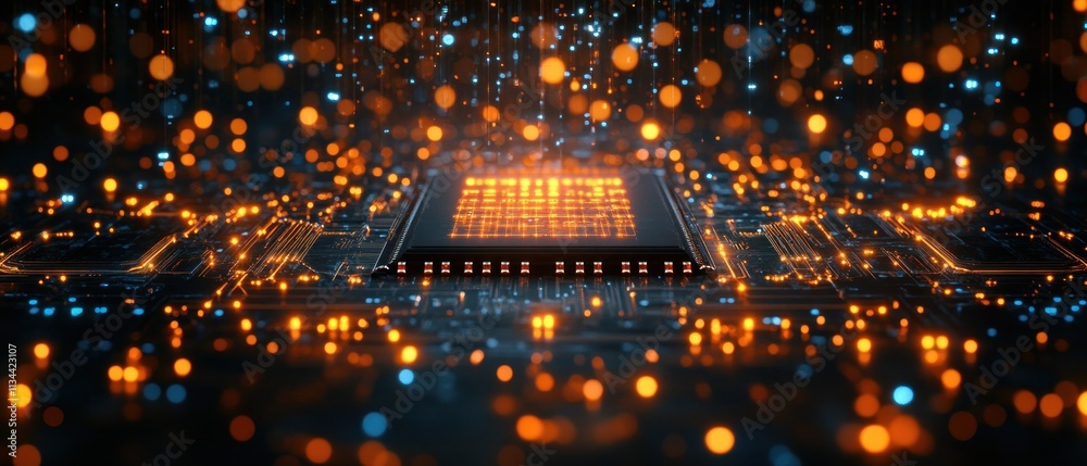 Poster abstract representation of a microchip with glowing particles